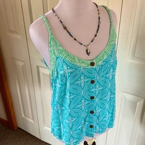 LOST RIVER Batik Aqua & Mint Tank Top~ Braided Straps~ Wood Buttons NWT!